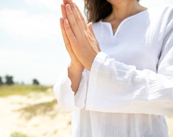 White Cotton Kurta Top: Relaxed Fit Yoga Leisure Wear