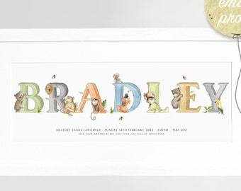 Safari Name print - Kibo and friends - personalised nursery gift, watercolour art print