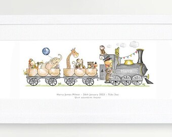 Personalized Train Nursery Print: Watercolor Safari Animals