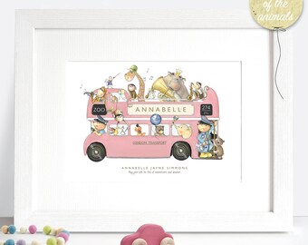 Personalized Pink London Bus Nursery Print: Watercolor Children's Room Art