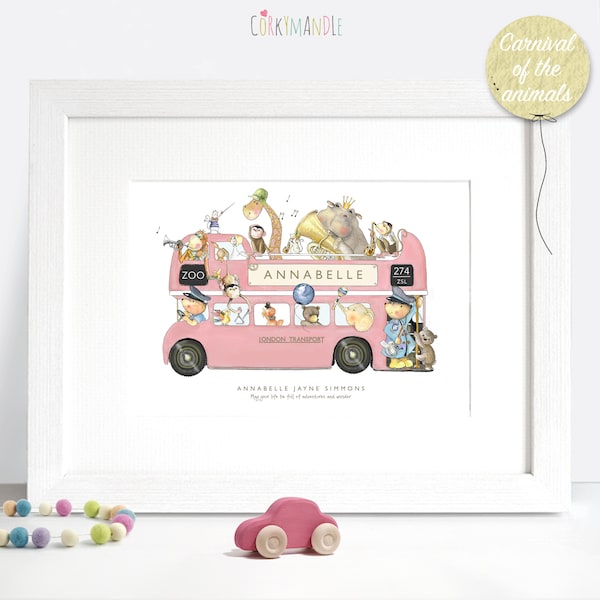 Pink London bus "All Aboard" -  Nursery print - Iconic London theme watercolour illustration - children’s room - by artist Sarah Law