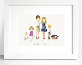 Custom family print - watercolour illistration - choose pets, skin colour, hair, glasses, clothes and more