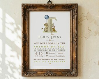 Safari Nursery Art: Personalized Baby Birth Details Print