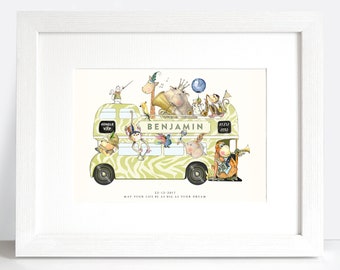 Safari Nursery Art Print: Jungle Bus, Personalized Birth Details