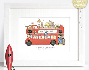 Personalized London Bus Nursery Print: Watercolor Animal Theme