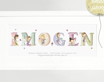 Fairy name print - Mab and friends  personalised nursery, watercolour art print