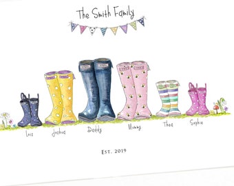 The ®Original Welly Boot Family print  - Personalised family group art - wellington boot watercolour family illustration. Family gift print