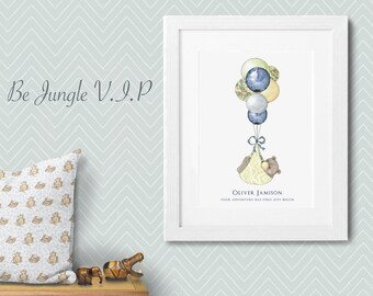 Baby bear -  Jungle Jamboree - Balloon safari personalised nursery birth print - animal theme baby room