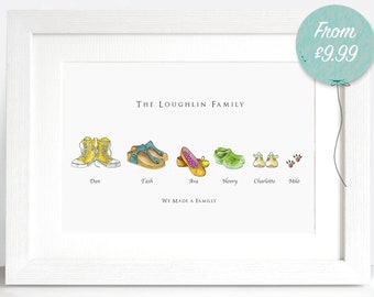 The Original Fancy Feet Family print - Personalised family group children and pets  art - personalised watercolour illustration