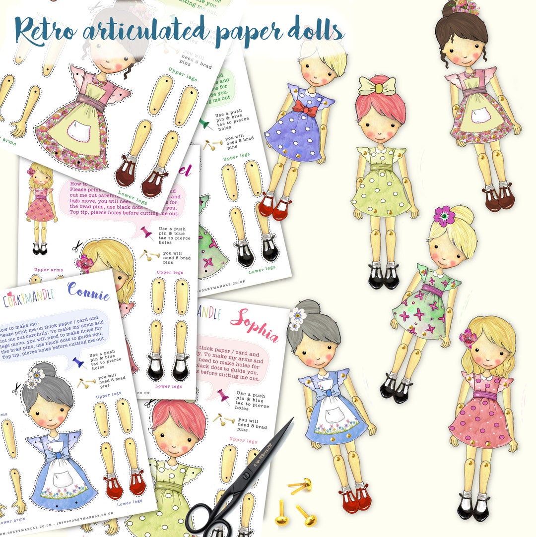 Paper Dolls Kit Printable Corkymandle Articulated Retro Doll Kit Etsy