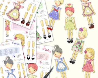 Paper dolls kit - printable - Corkymandle articulated retro doll kit