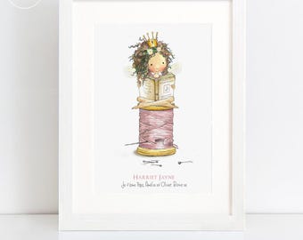 The reading fairy - personalised nursery art print -pink