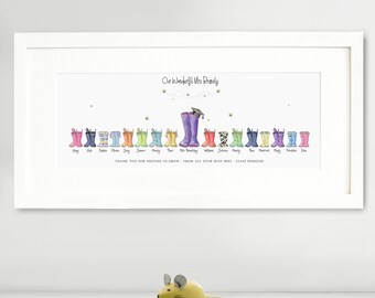 The original Welly Boot Print: teacher Watercolor Art - panoramic format