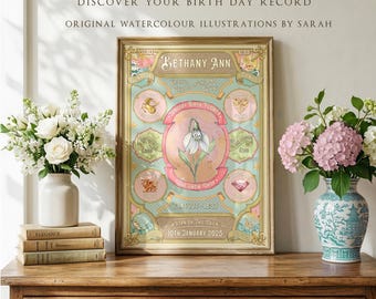 Born on this day - birth flower & astrological record - personalised nursery art print - new design