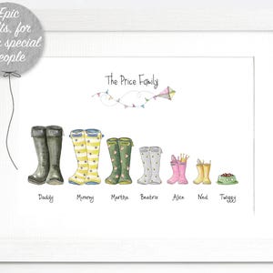 Puede incluir: Impresión enmarcada con botas de agua de una familia, cada par con un diseño único. Las botas están dispuestas en fila, con nombres debajo. El texto "The Price Family" está encima de las botas. También se representa una cometa y banderines.