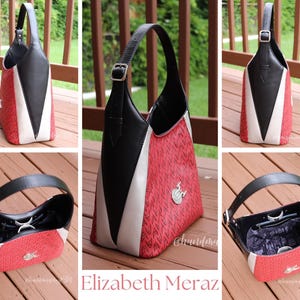 May include: A stylish handbag with a black leather handle and trim, a white panel, and a textured red body. The bag features a silver-tone clasp and a decorative emblem. The name "Elizabeth Meraz" is displayed at the bottom.