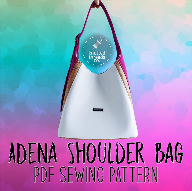 May include: White and magenta shoulder bag with a cork accent and a long magenta strap. The bag has a curved shape and a small black label. The text "ADENA SHOULDER BAG PDF SEWING PATTERN" is displayed at the bottom.