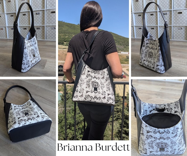 May include: A black and white shoulder bag with a unique pattern. The bag features a black base and handle, with a white patterned front. The bag is shown from multiple angles, including a person wearing it. The text "Brianna Burdett" is visible.