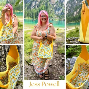 May include: A yellow and white tote bag with a lemon pattern, featuring a solid yellow side panel and strap. The bag is paired with a matching dress, creating a coordinated summer look. The bag has a rectangular shape.