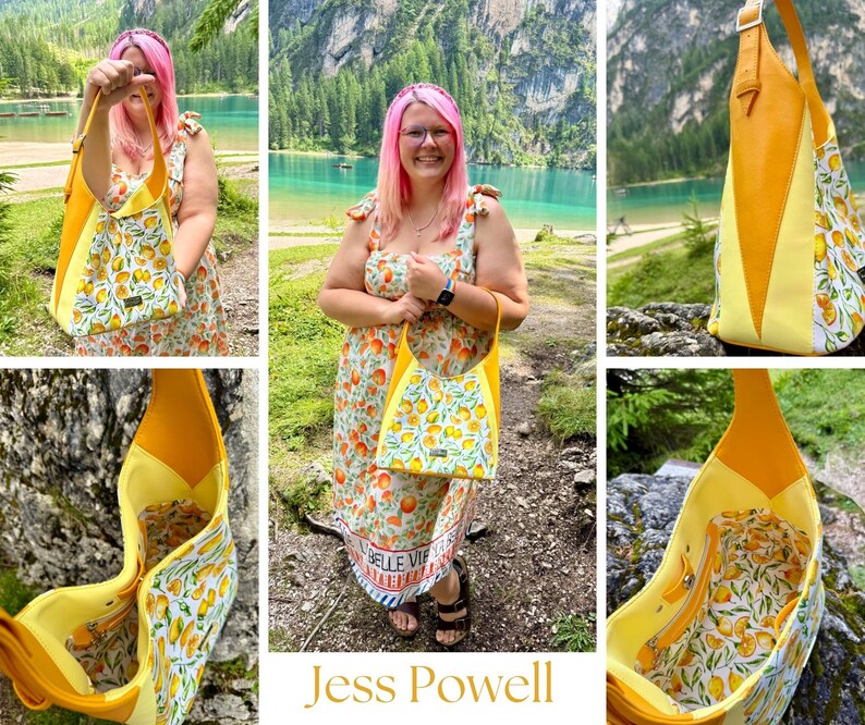 May include: A yellow and white tote bag with a lemon pattern, featuring a solid yellow side panel and strap. The bag is paired with a matching dress, creating a coordinated summer look. The bag has a rectangular shape.