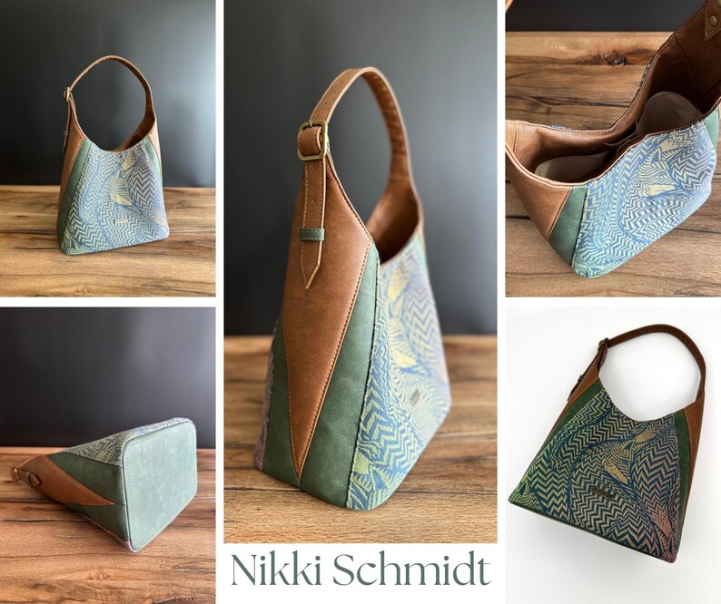 May include: A handcrafted shoulder bag with a unique design. The bag features a combination of blue patterned fabric, brown leather accents, and a green panel. The bag has a single handle and a spacious interior. The bag is a stylish accessory.