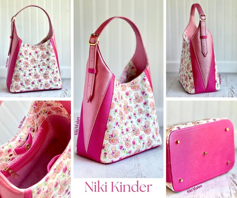 May include: A pink and floral patterned shoulder bag with a single handle. The bag features a combination of pink leather and a floral fabric with a teddy bear pattern. The bag has a gold buckle and the text "Niki Kinder".