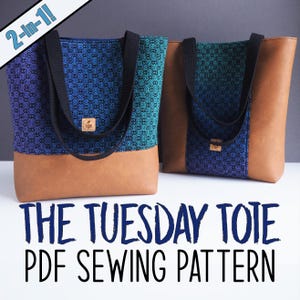 May include: Two tote bags with a geometric pattern in shades of blue and teal, paired with brown faux leather. The bags have black straps and a small cork tag. The text "THE TUESDAY TOTE PDF SEWING PATTERN" is displayed.