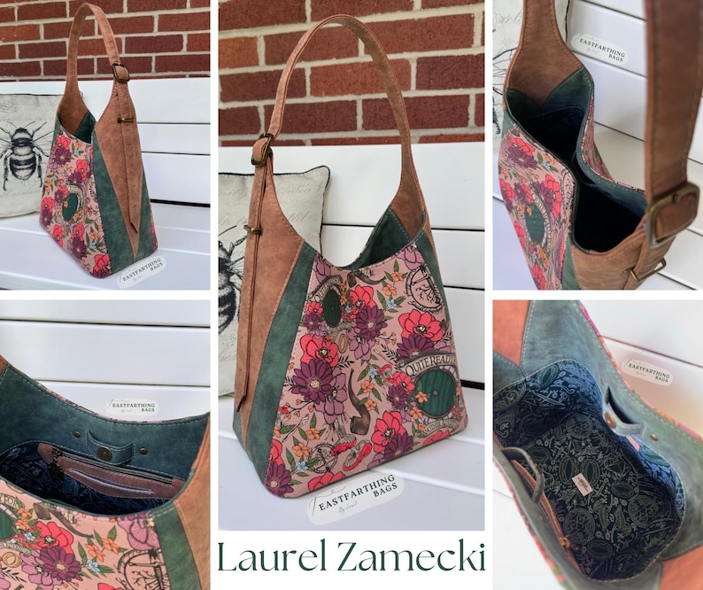 May include: A floral print shoulder bag with brown leather accents and a green panel. The bag features a long strap and a buckle closure. The interior is lined with a patterned fabric. The bag has the text "Eastfarthing Bags" and "Laurel Zamecki".