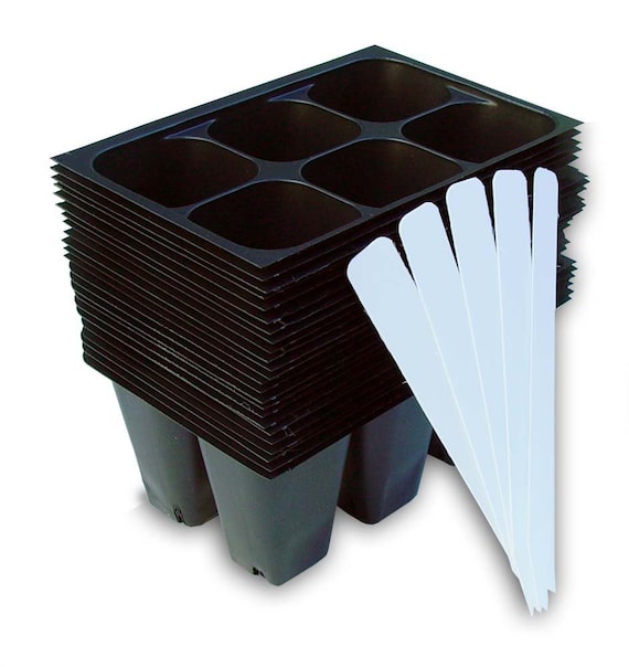 The Hydroponic City 6 Cell Seedling Starter Trays Plus 5 Plant Labels Black 24 Trays, 144 Cells