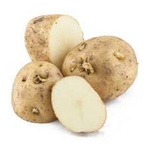 May include: Several raw potatoes, some whole and some cut in half, are arranged on a white surface. The potatoes have a light brown skin and a creamy white interior. The image is well-lit, highlighting the texture and shape of the potatoes.