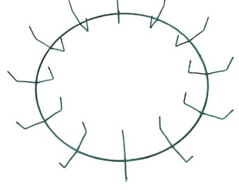 May include: A green metal wreath frame with a circular design. The frame features a series of evenly spaced wire hooks extending outwards from the circle, designed for attaching decorations. Ideal for DIY wreath making.