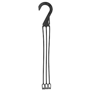 May include: A black plastic hanging basket hook with three support lines. The hook is designed to hang from a ceiling or other structure, and the support lines are designed to hold a hanging basket. The hook is made of durable plastic.