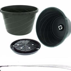 May include: Dark green plastic flower pot set with a matching saucer and hanging rod. The pot has a spiral design and a drainage hole. The saucer has a raised design. The hanging rod is silver.