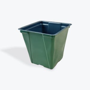 May include: A dark green, square-shaped plastic plant pot. The pot has a slightly tapered design and a dark blue interior. The pot is empty and ready for planting. The pot is made of durable plastic.