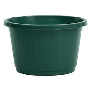 May include: A dark green plastic plant pot with a round top and a slightly tapered body. The pot has a rolled rim and two small handles. The pot is designed for planting flowers, herbs, or other plants.