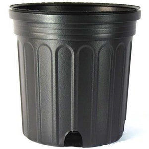 May include: A black plastic plant pot with a textured surface and vertical grooves. The pot has a wide rim and a drainage hole at the bottom. Ideal for gardening and planting flowers, herbs, or vegetables.