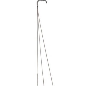 May include: A silver-colored hanging basket hook with three support wires. The hook has a curved top and is designed to hold a hanging basket. The wires are thin and extend downwards.