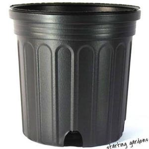 May include: A black plastic plant pot with a ridged exterior design. The pot has a wide rim and a drainage hole at the bottom. The pot is designed for planting flowers, herbs, or other plants.