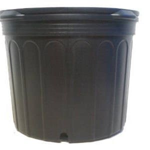 May include: A black plastic plant pot with a rounded base and a slightly flared rim. The pot has vertical, arched grooves along its sides and a small drainage hole near the bottom. The pot is designed for planting flowers, herbs, or small plants.