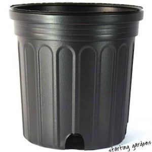 May include: A black plastic plant pot with a ridged design. The pot has a wide opening and a drainage hole at the bottom. The pot is cylindrical and suitable for various plants.