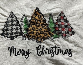 Christmas tree trio Kitchen Tea Towel - Flour Sack Towel - Kitchen Linens  - Vintage Look Primitive Farmhouse