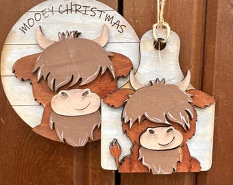 Highland Cow Ornaments Prmitive Country Grubby Ornie  Wood