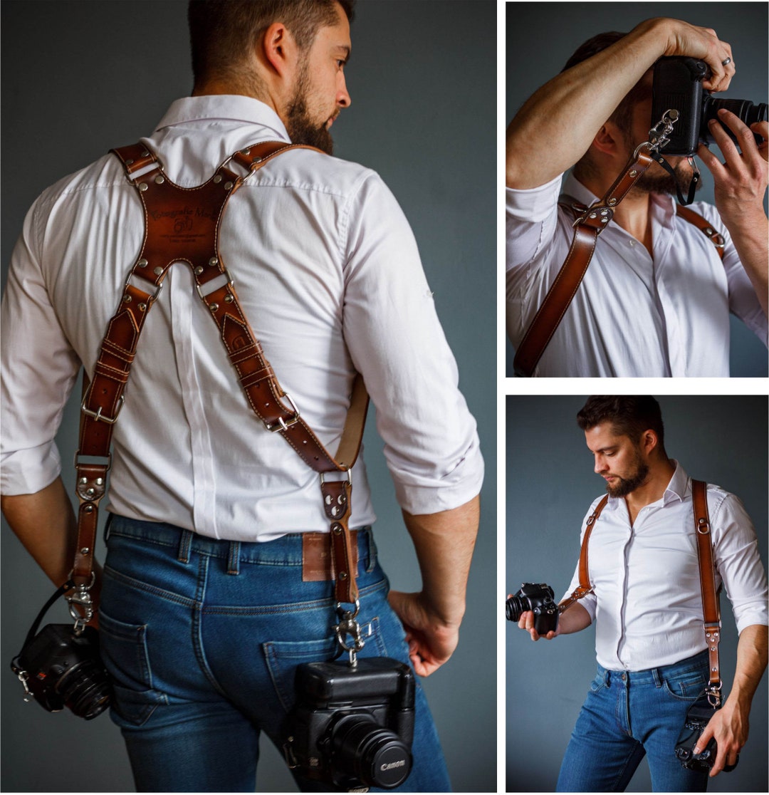 Dual Multi Camera Brown Leather Harness Shoulder Strap Made By Hand in England 
