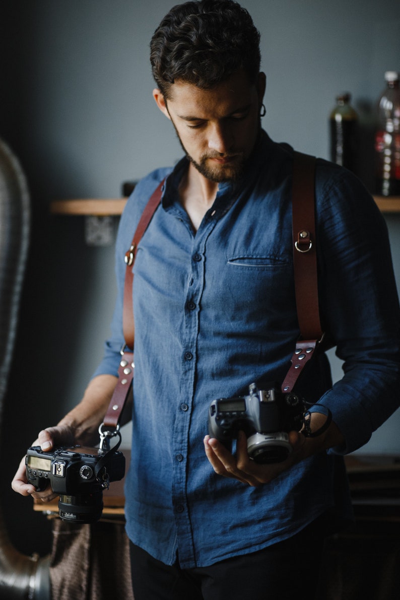 Personalized Dual Cameras Leather Strap, Multi Cameras Strap, Photographer Harness, photographer holster chocolate