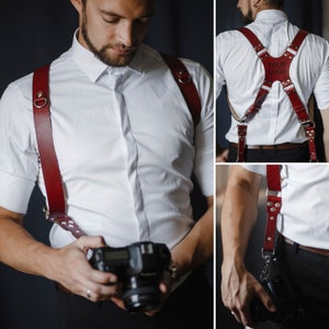 Personalized Dual Cameras Leather Strap, Multi Cameras Strap, Photographer Harness, photographer holster レッド