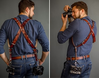 Dual Camera harness, Leather Camera Strap,   stylish camera strap, Photographer Harness by Desired Leather