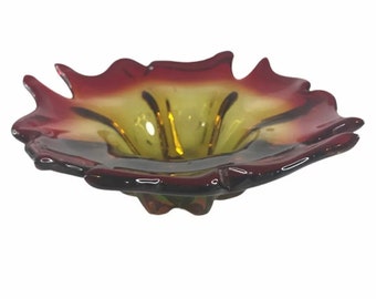Vintage Red And Yellow Blown Art Glass Dish/Bowl