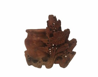 Chinese soapstone carved vase with flowers