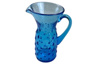 Vintage Blue Hobnail Glass Pitcher 6” Small Creamer Jug Textured