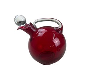 Vintage Cambridge Ruby Red Ball Decanter With Clear Glass Handle And Stopper